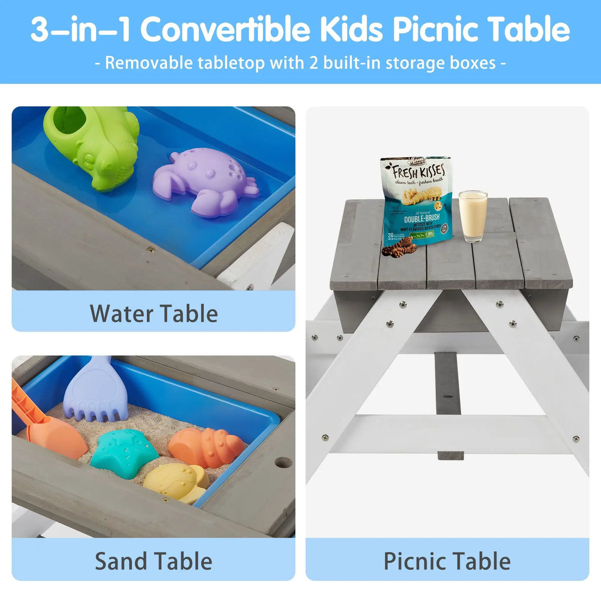 Kids Picnic Table With Umbrella | 3-In-1 Convertible Design | Natural Cedar Wood | Sand And Water Play