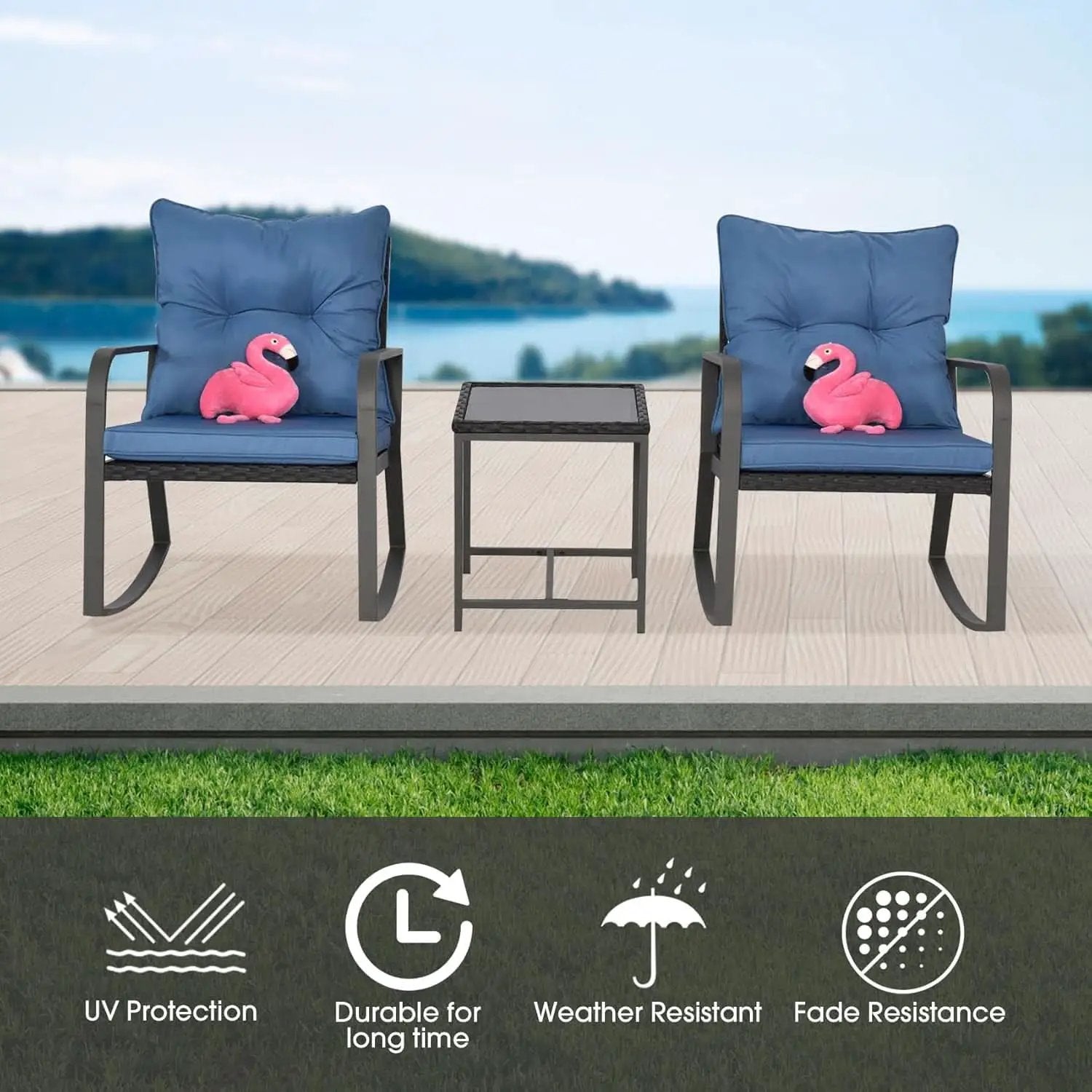 Blue 3 Piece Patio Bistro Set With Rocking Chairs And Cushioned Seats For Outdoor Yard Garden from PriceLows™
