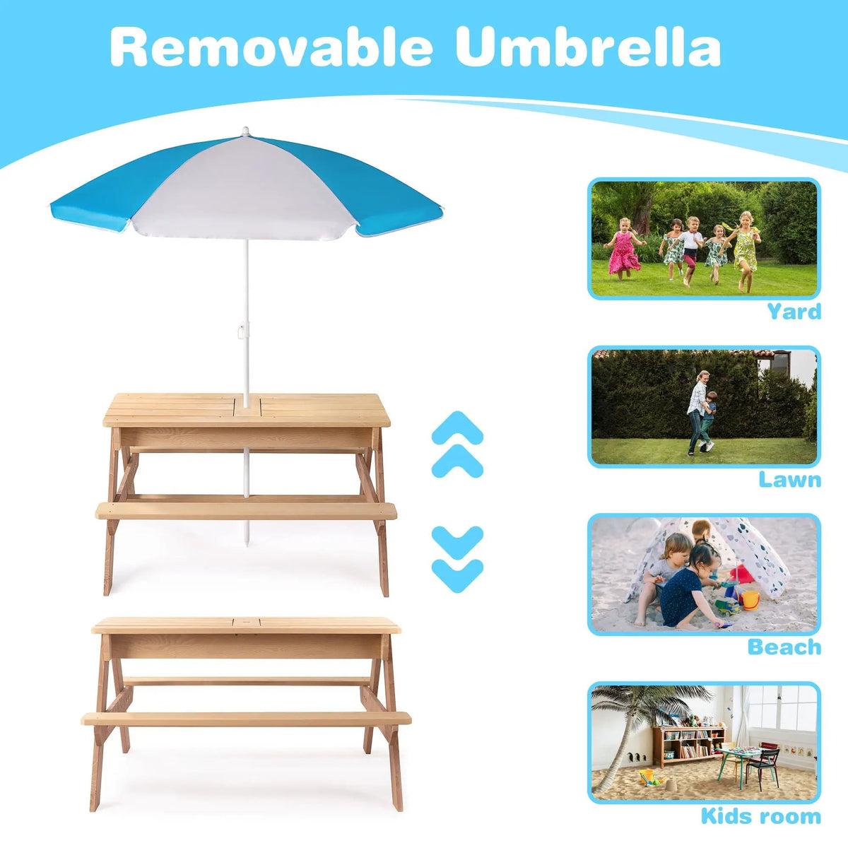Kids Picnic Table With Umbrella | 3-In-1 Convertible Design | Natural Cedar Wood | Sand And Water Play