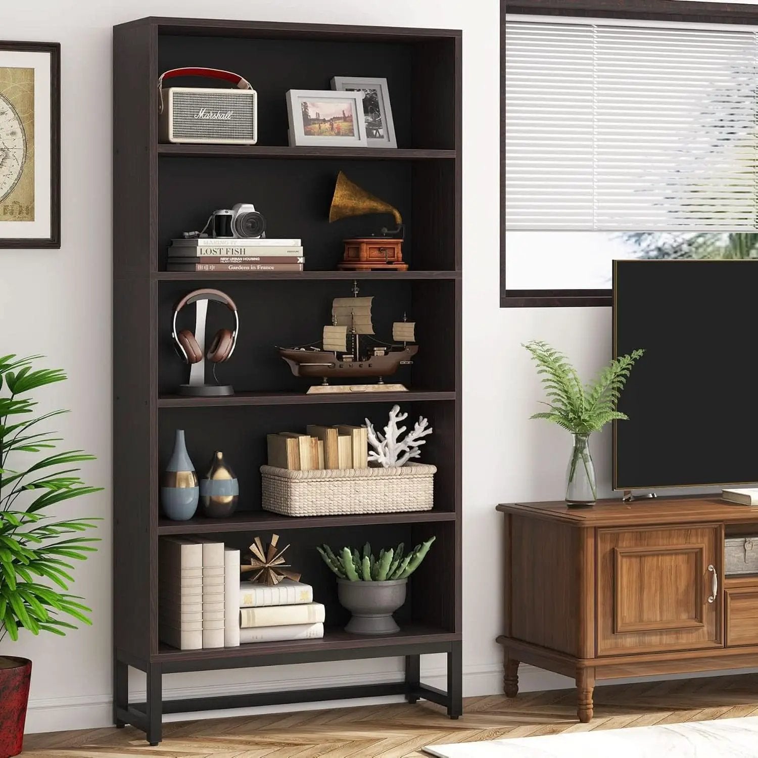 Tall Bookcase And Bookshelf 70.8 Inch Sandalwood Shelving from PriceLows™