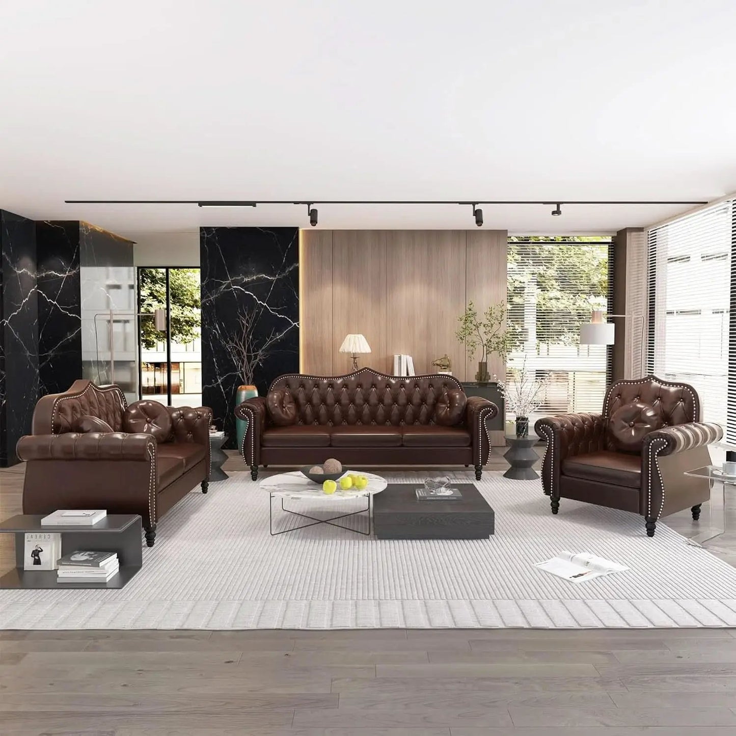 2 Piece Living Room Set Mid-Century Modern Chesterfield Chair Loveseat in Brown PU Leather Edition from PriceLows™