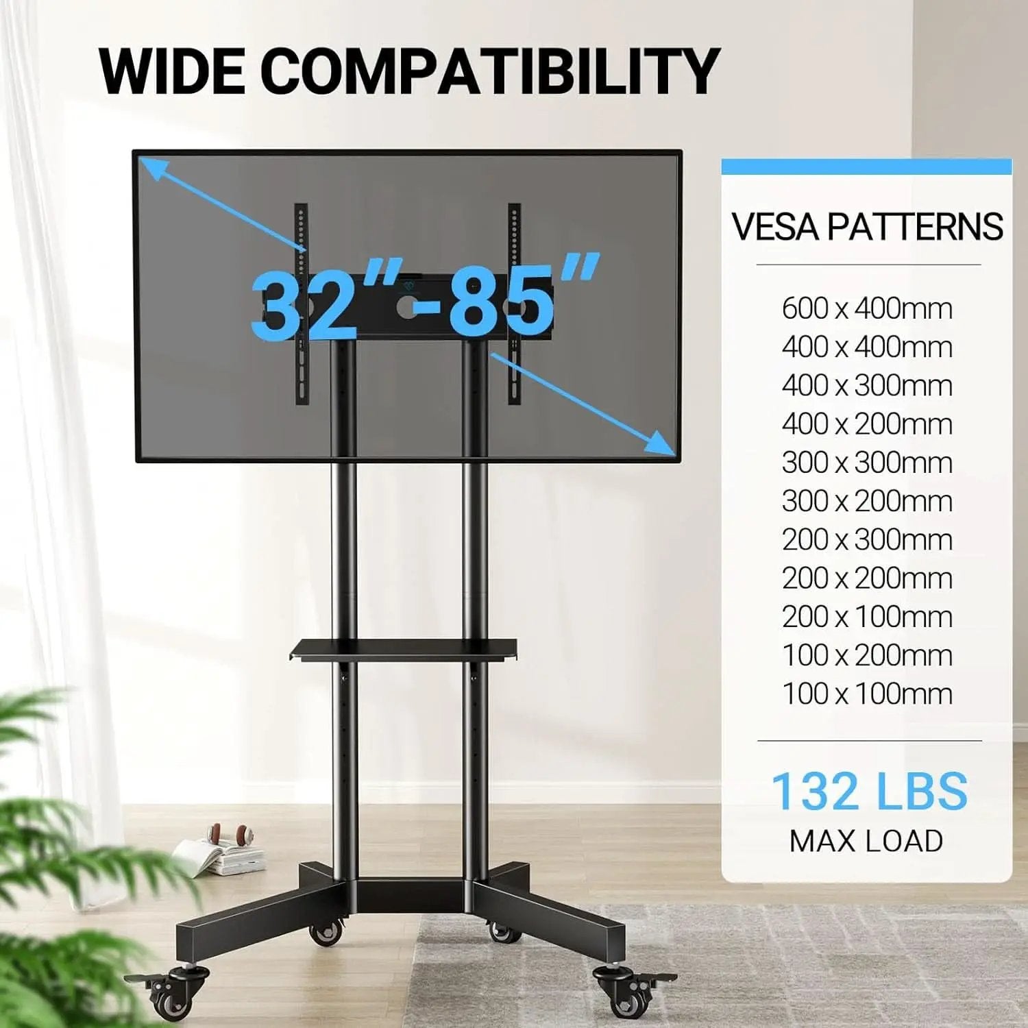 Rolling TV Stand For 32 To 85 Inch TVs Height Adjustable from PriceLows™