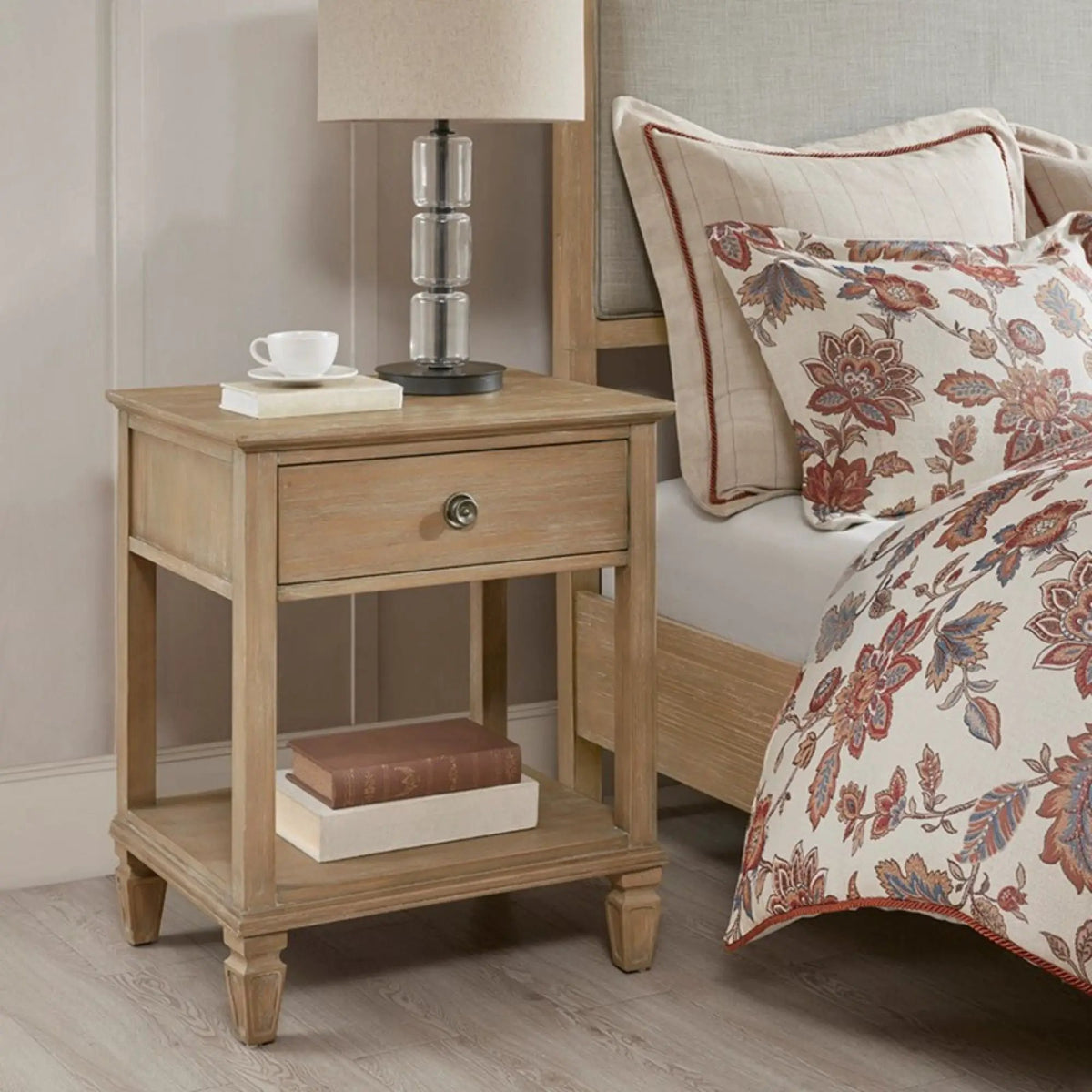 Victoria Bedside Table | Aged Brown Oak Finish | Drawer And Open Shelf | Wire Brush Detail