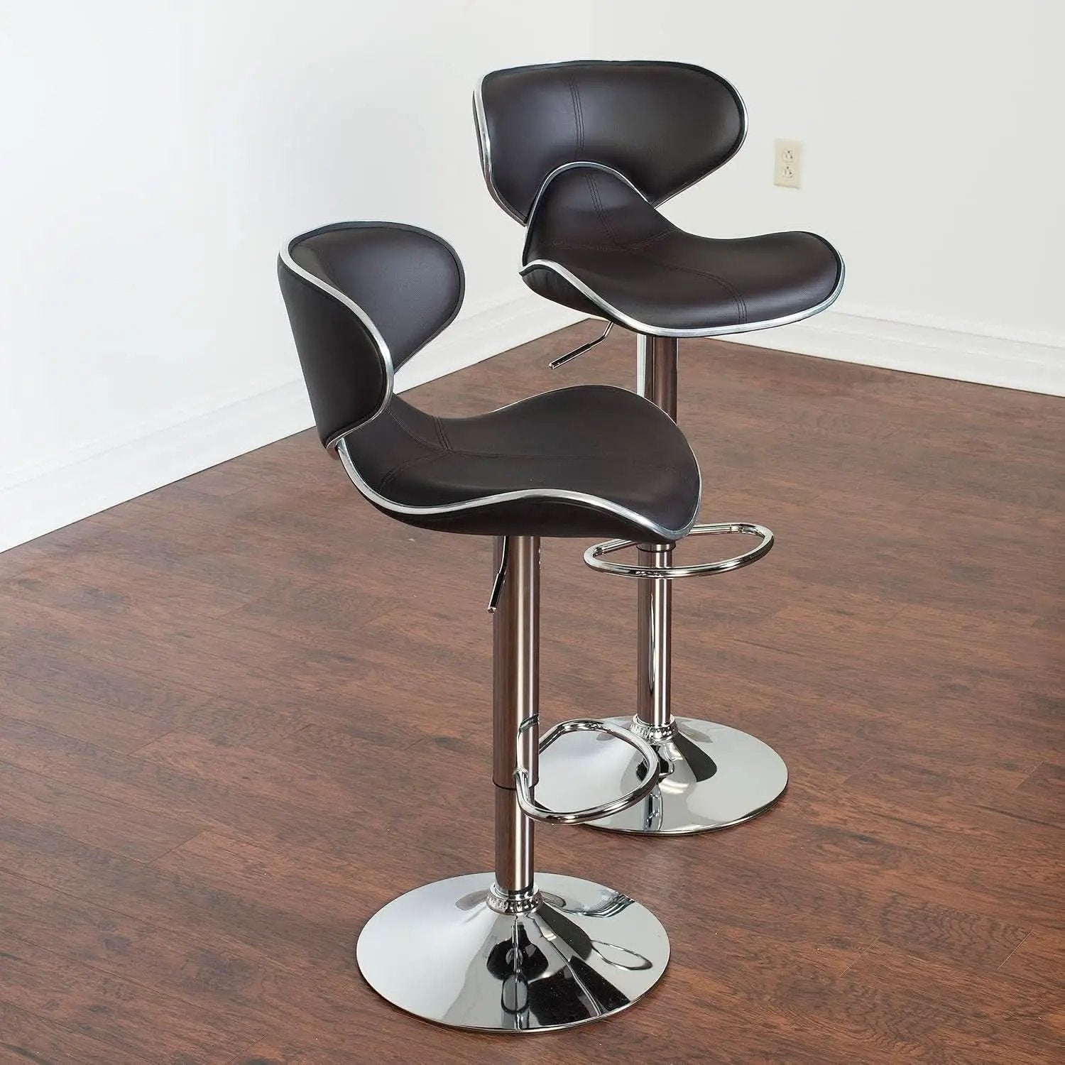 Two Brown Airlift Swivel Barstools With Chrome Base Adjustable Height 360 Degree Rotation from PriceLows™