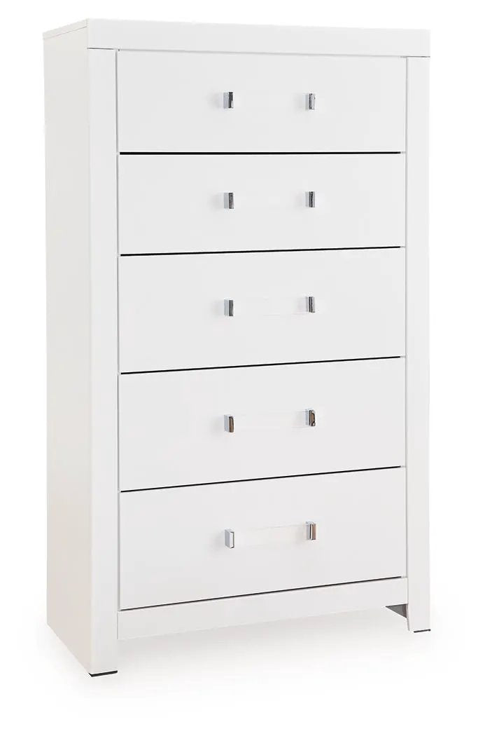 Maeling Five Drawer Chest | Modern Glamour Style | Sleek Matte Finish | Acrylic And Chrome-Tone Hardware
