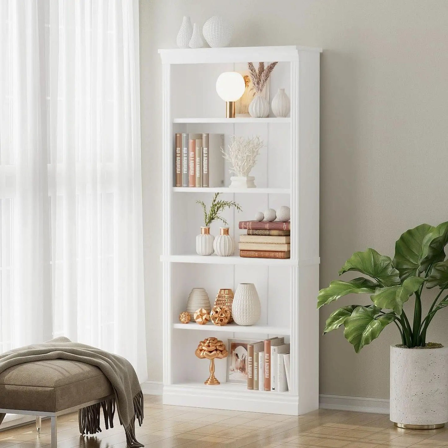5-Shelf Bookcase Wooden Standing Rack White Living Room from PriceLows™