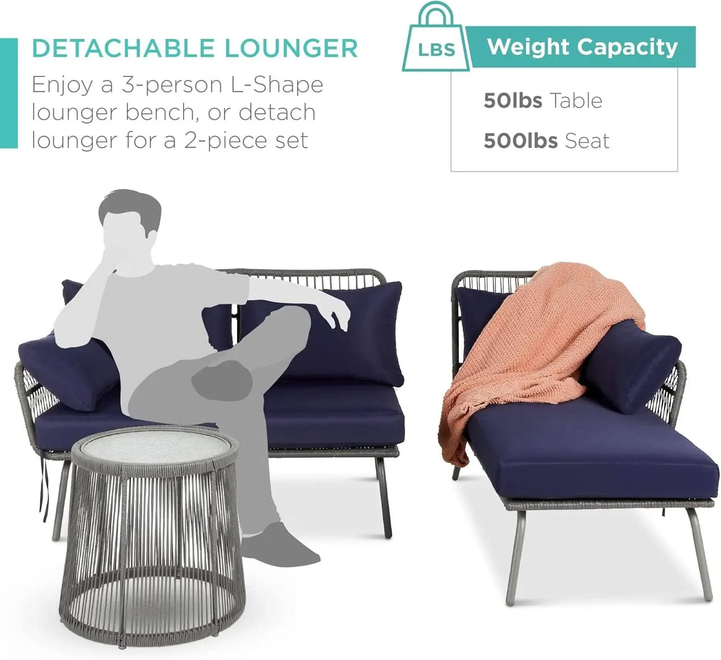 Outdoor Rope Woven Sectional Sofa Gray Navy Cushions from PriceLows™