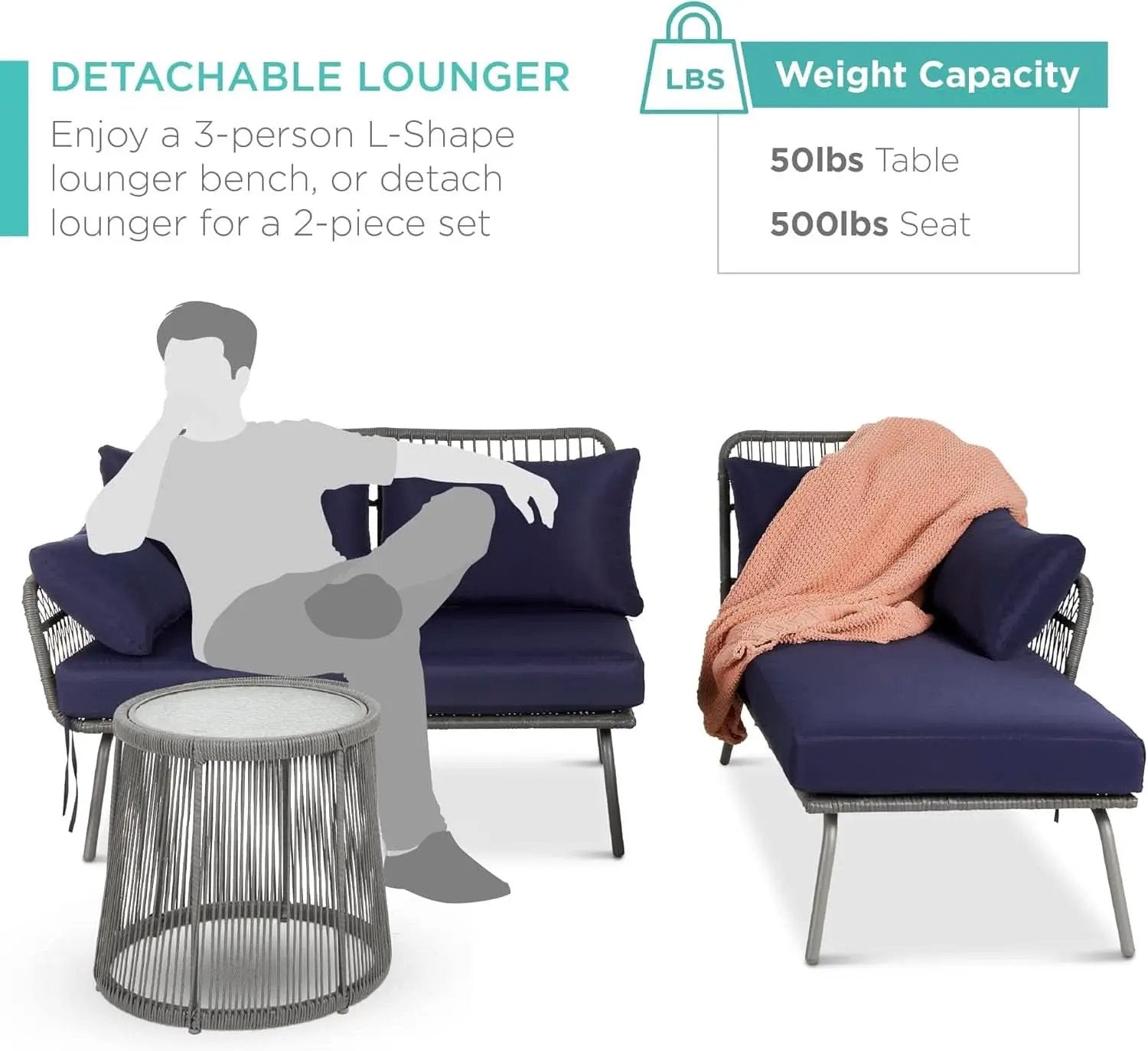 Outdoor Rope Woven Sectional Sofa Gray Navy Cushions from PriceLows™