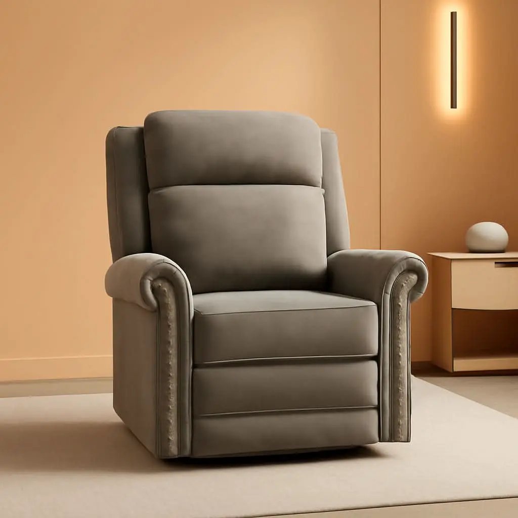 Light Brown Velvet Swivel Rocker Recliner Nailhead Trim from PriceLows™