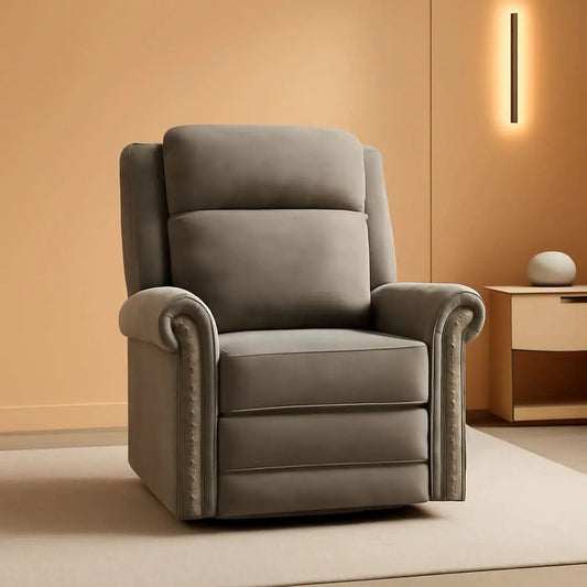 Light Brown Velvet Swivel Rocker Recliner Nailhead Trim from PriceLows™