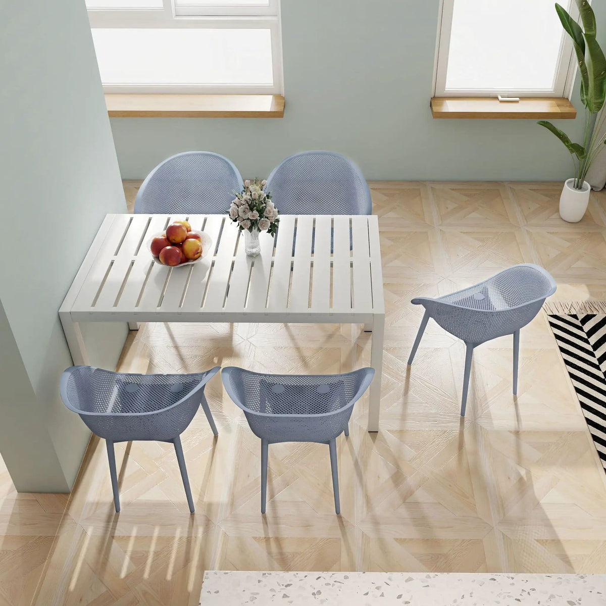 4 Pack Lounge Chair Set With Long Table | 5 Piece Outdoor Set | Metal | Dining Room