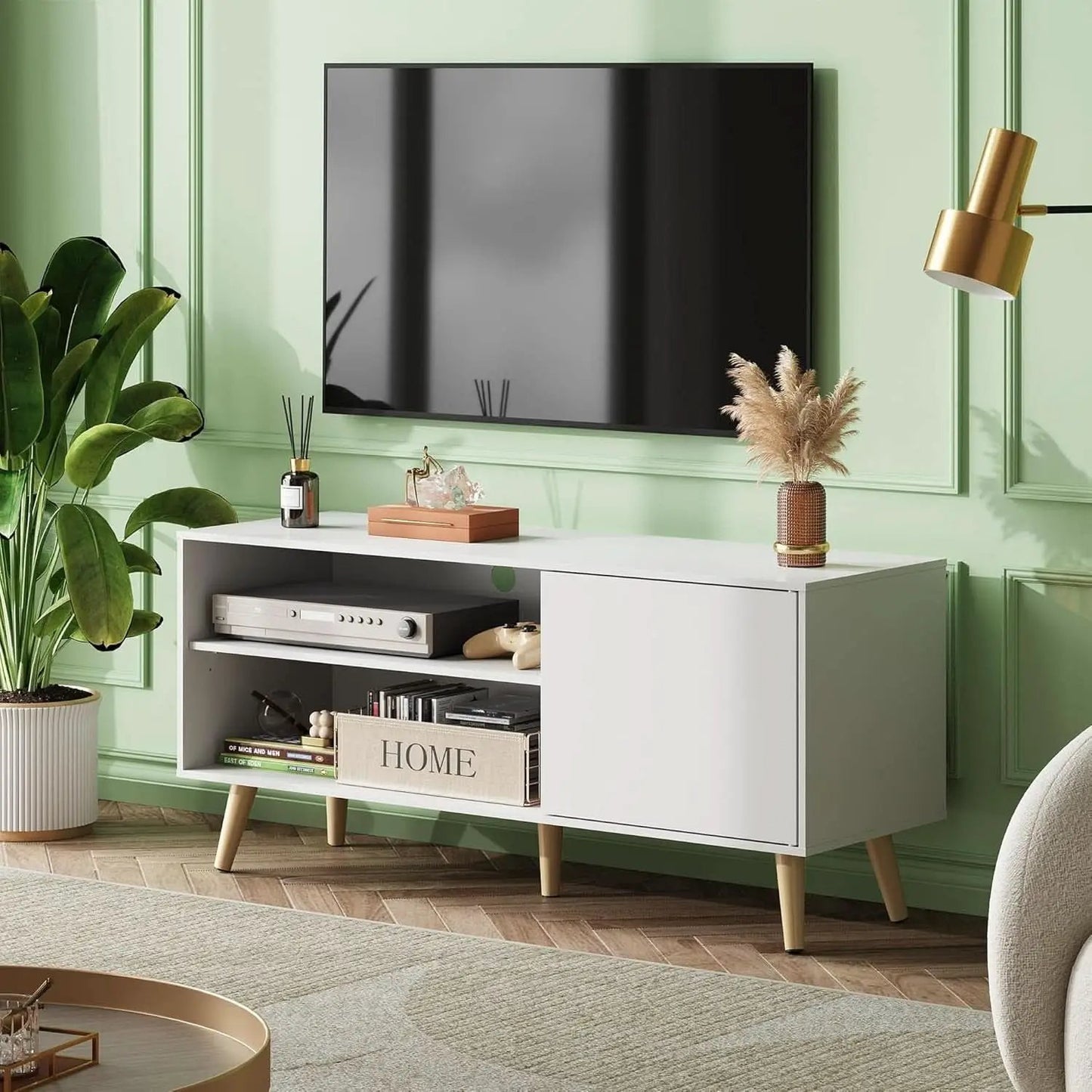 55-Inch TV Stand White Mid-Century Modern Storage Shelves from PriceLows™
