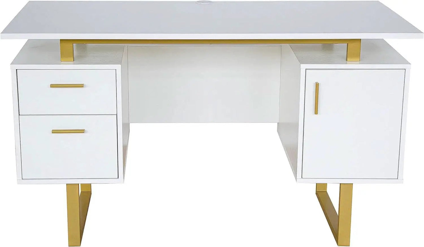 51 Inch White And Gold Desk With Storage Cabinet Drawers from PriceLows™