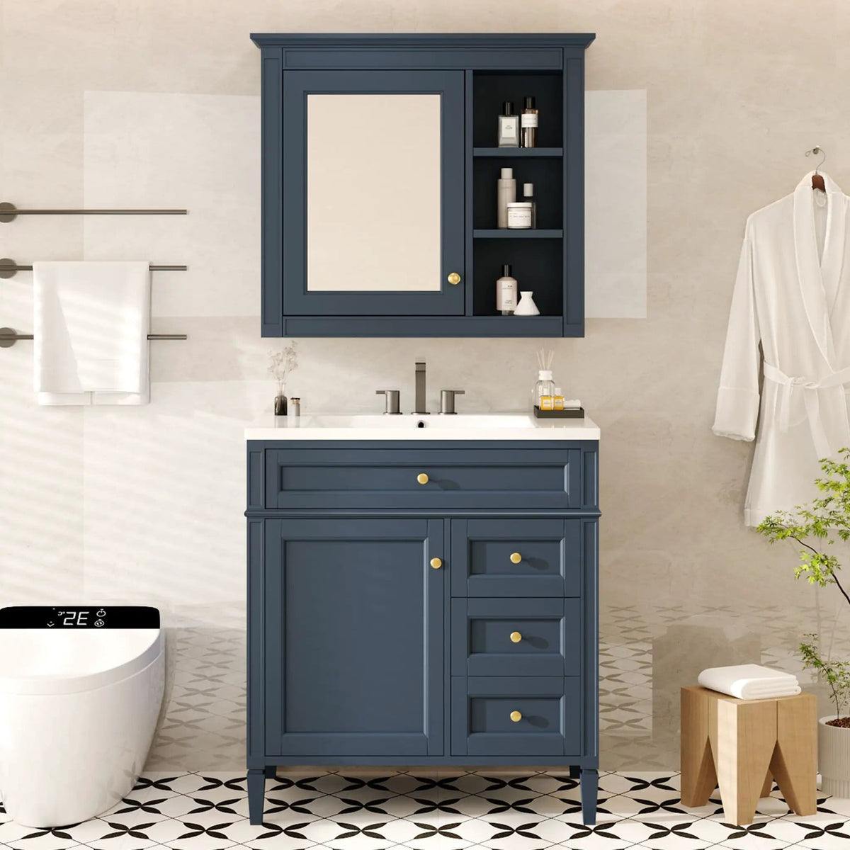 Bathroom Vanity With Top Sink, 2 Doors And 3 Drawers, Freestanding Set With Mirror | Vanity & Cabinet | Solid Wood & Ceramic | Bathroom