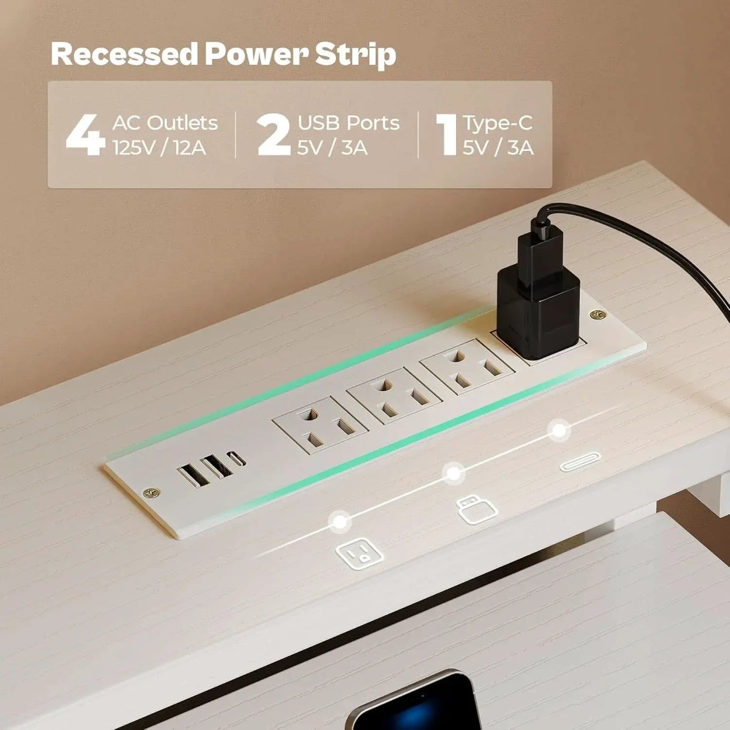 White 47 Inch LED Gaming Desk With 6 Drawers USB Type C from PriceLows™