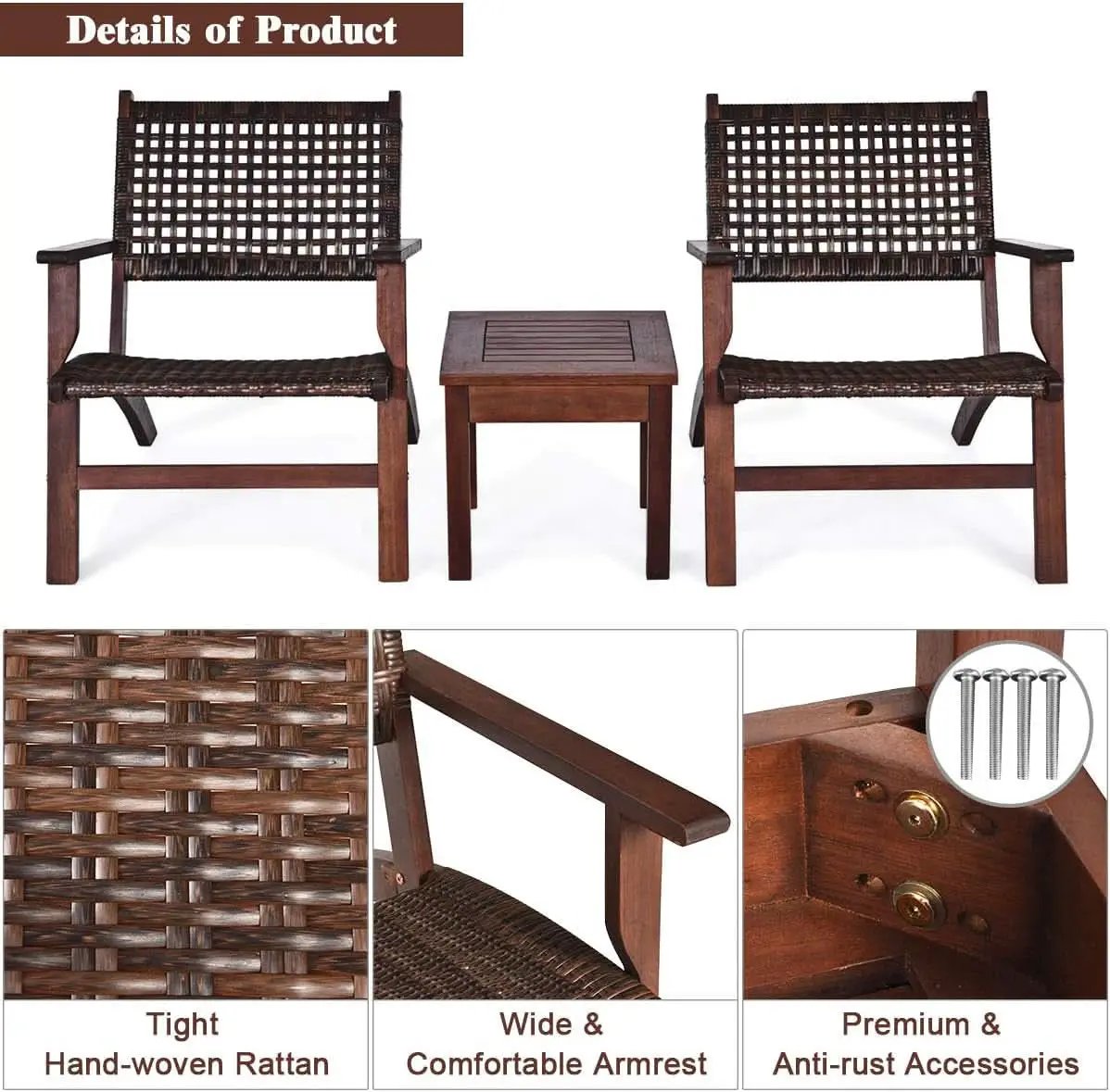 3 Piece Patio Conversation Set With Solid Eucalyptus Wood Frame And Brown Rattan Wicker from PriceLows™