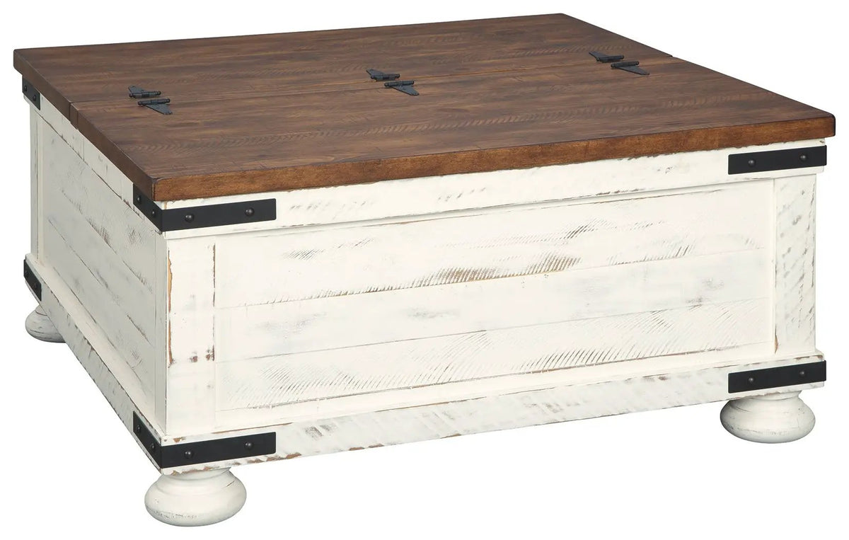 Wystfield Cocktail Table | White And Brown | Distressed Vintage Finish | Door Storage