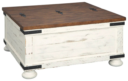 Wystfield Cocktail Table | White And Brown | Distressed Vintage Finish | Door Storage