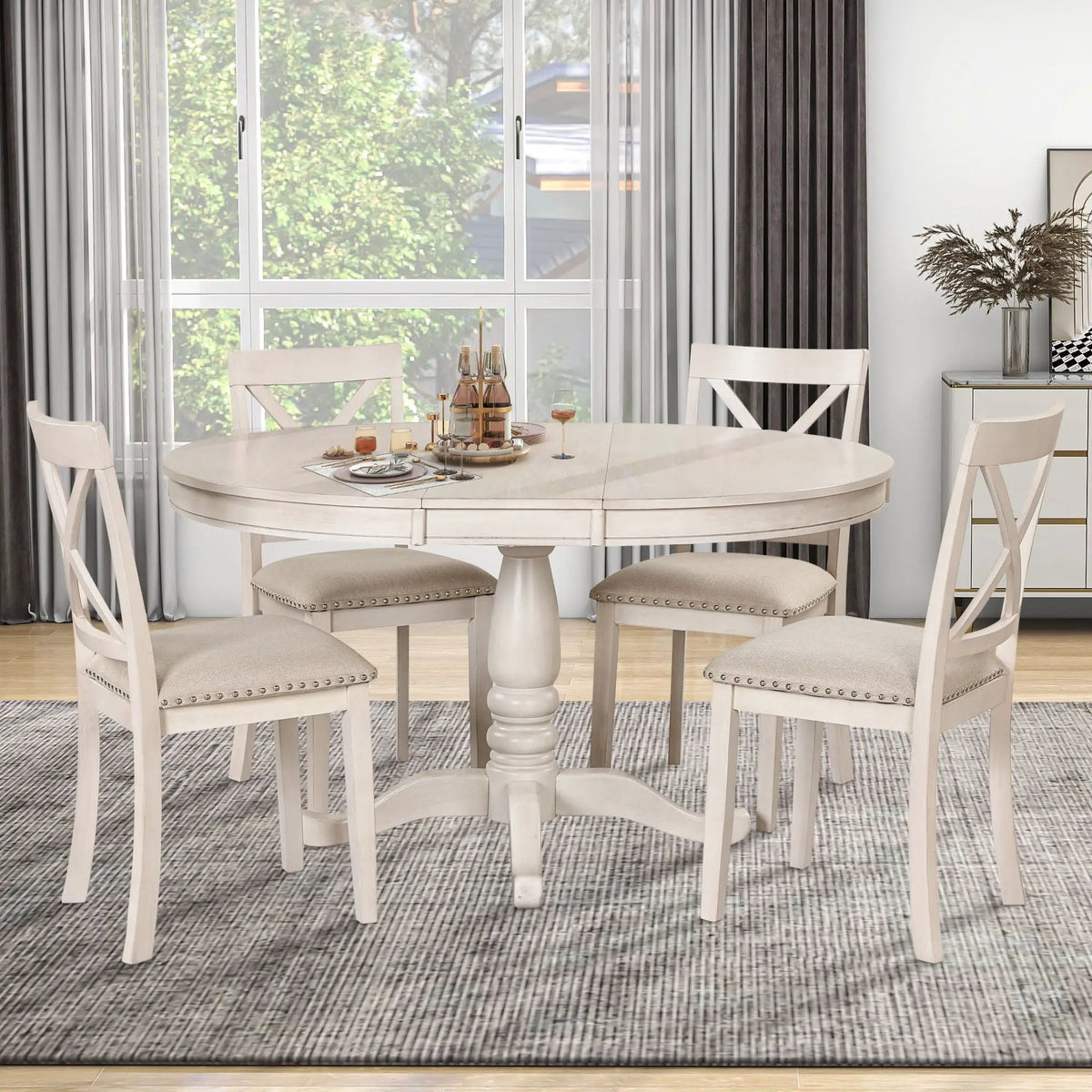 Round Dining Table Set | 4 Matching Chairs | Modern Design | Rubberwood Top