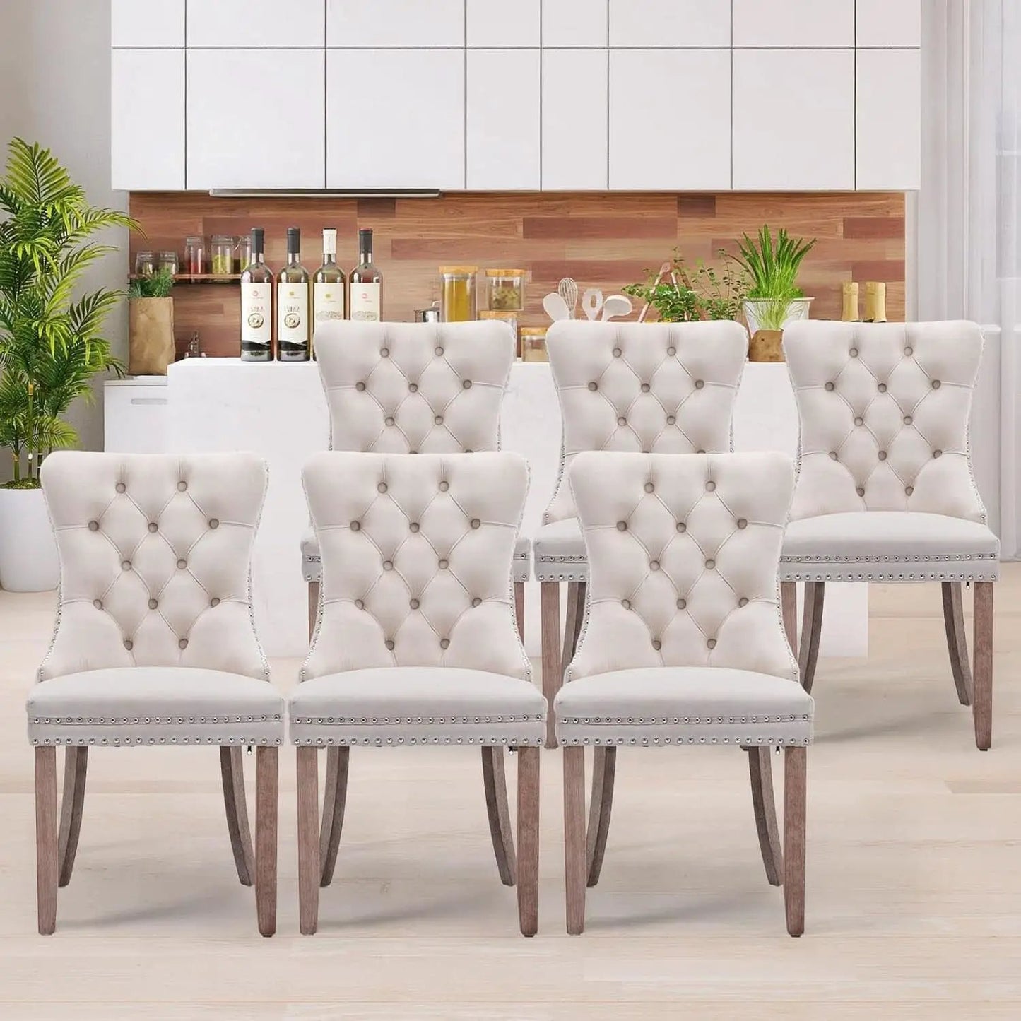 Velvet Dining Chairs Set Of 6 Beige Tufted High Back from PriceLows™