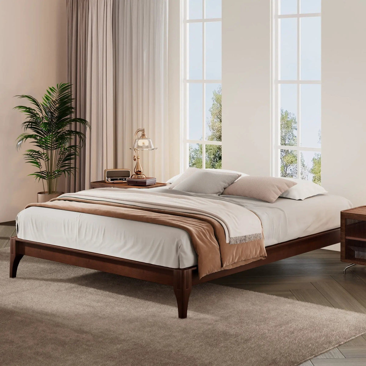 Queen Size Platform Bed Frame With Wood Slat And Metal Support Chocolate | 83.9 x 63.9 x 12 in | Bamboo & Metal | Bedroom