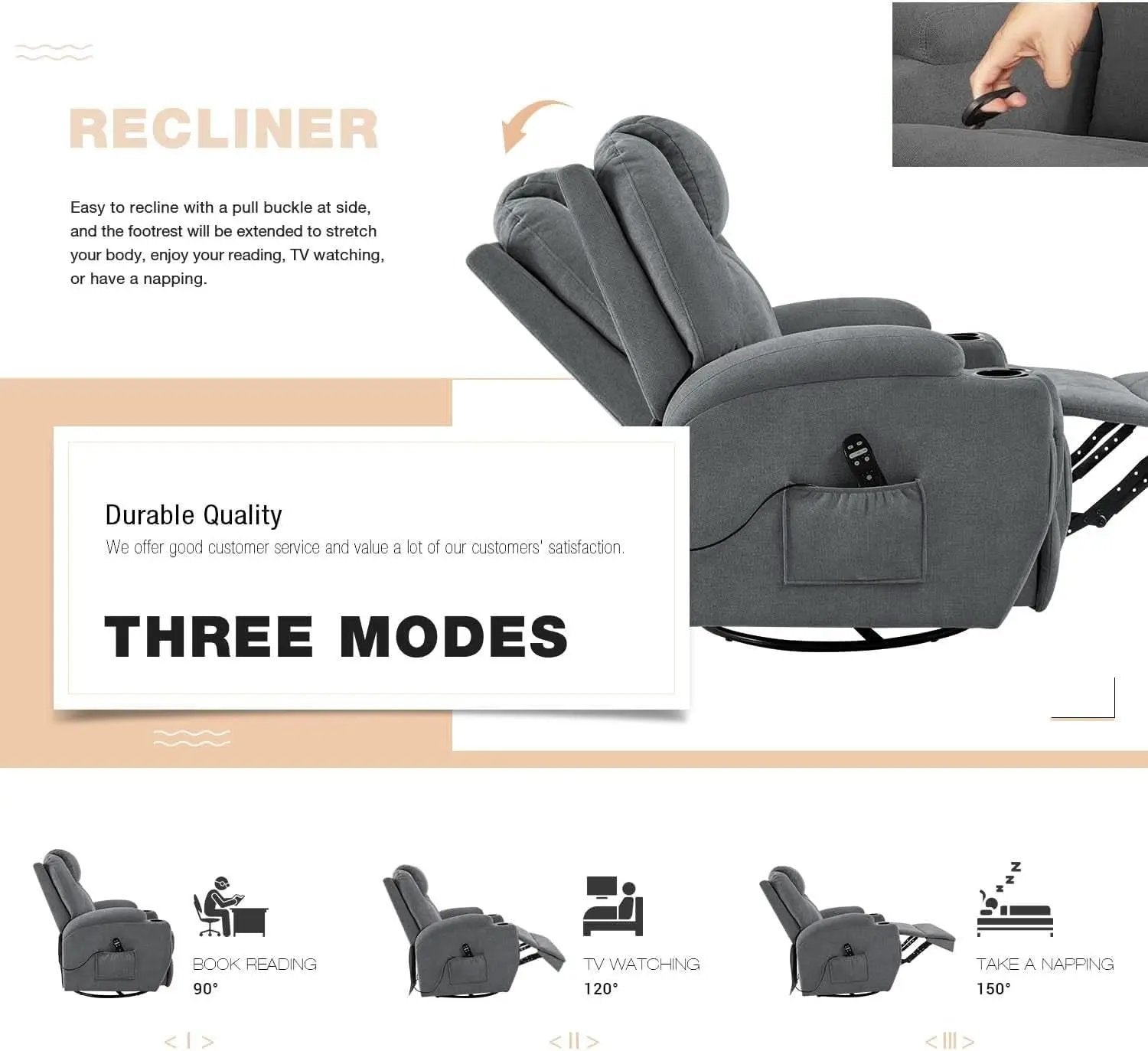 Gray Massaging Recliner With Cupholders Extendable Footrest from PriceLows™
