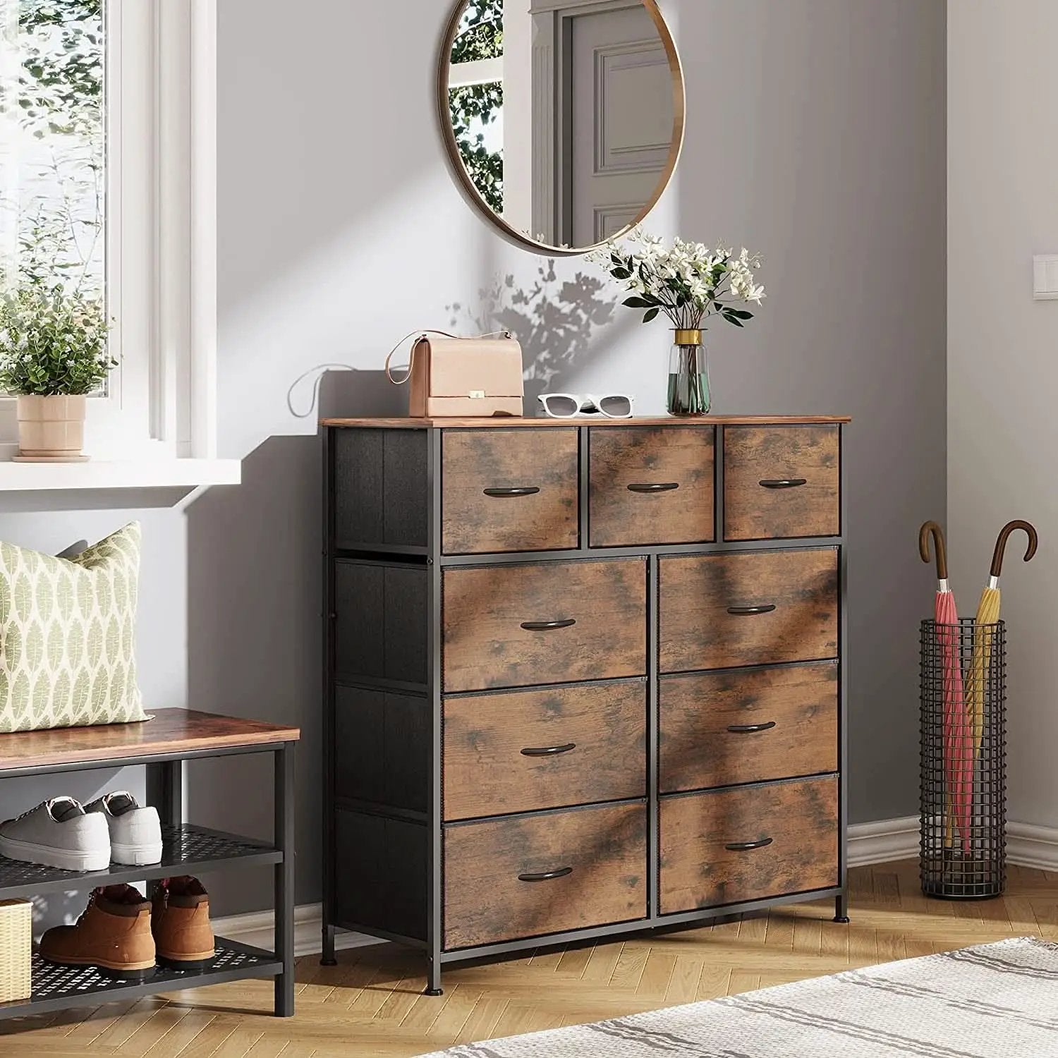 Dark Grey Chest Of Drawers With Wood Top For Bedroom Storage from PriceLows™