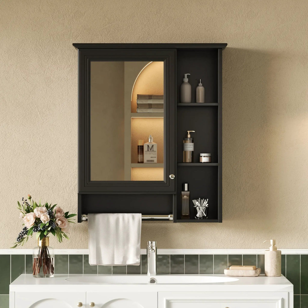 3-In-1 Bathroom Mirror Cabinet | Adjustable Shelf | Towel Bar | Full-Length Mirror