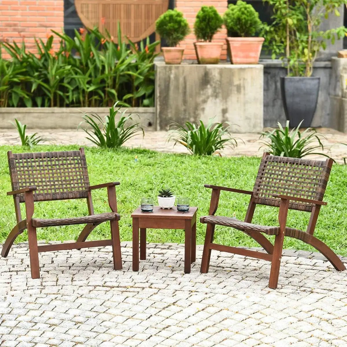 3 Piece Patio Conversation Set With Solid Eucalyptus Wood Frame And Brown Rattan Wicker from PriceLows™