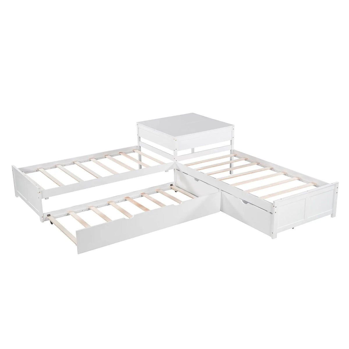 L Shaped Platform Bed | Built In Desk | Trundle With Drawers | Twin Size