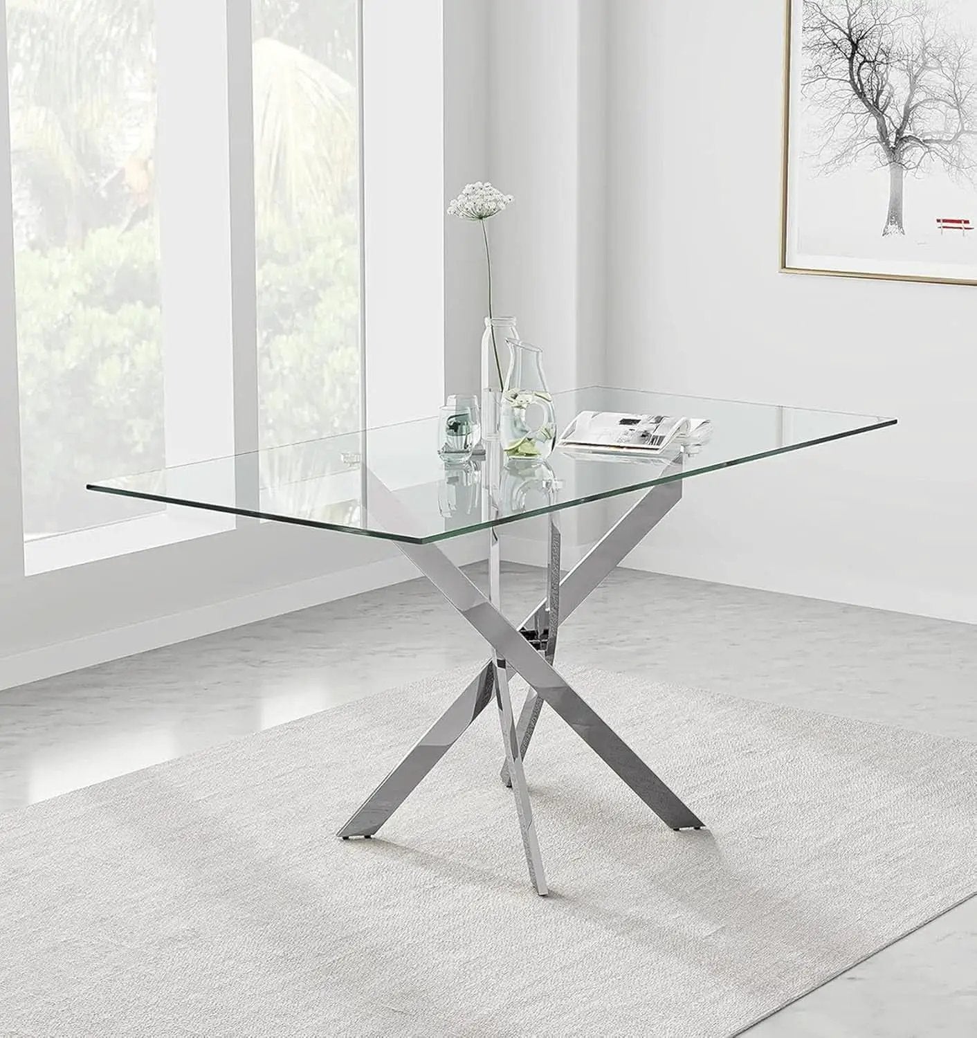 Tempered Glass Dining Table With Chromed Legs 47In White Silver from PriceLows™