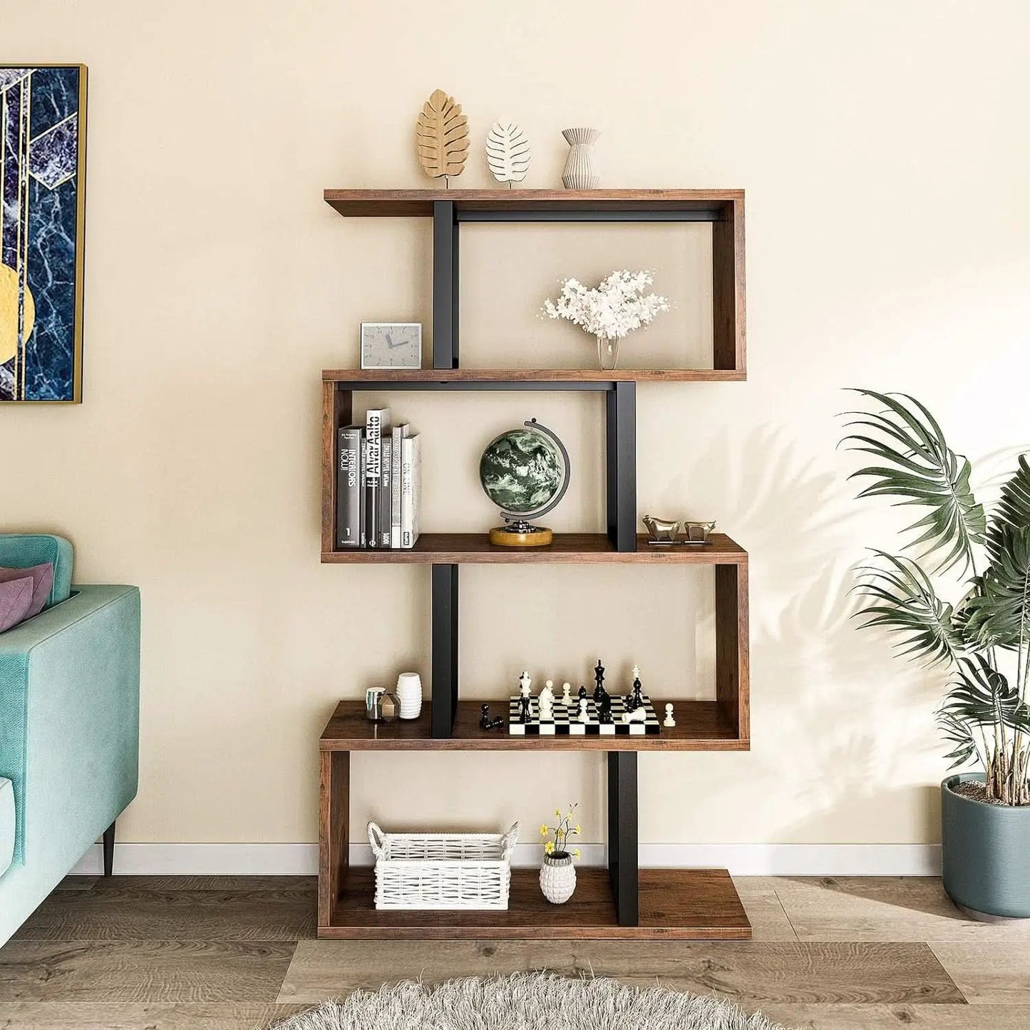 S Shaped 5 Tier Bookshelf Bookcase In Retro Brown Finish from PriceLows™
