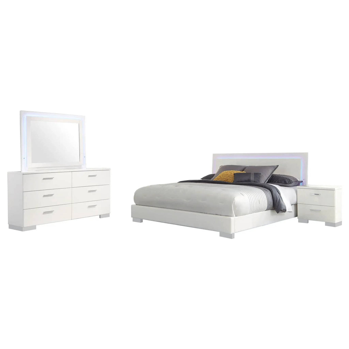 Felicity 4-piece Eastern King Bedroom Set White High Gloss | 4-Piece Set | Faux Leather | Bedroom