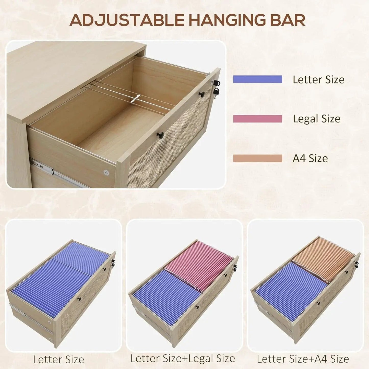 Two Drawer Rattan File Cabinet With Lock, Printer Stand And Adjustable Bars For Letter A4 Legal Files Natural Finish from PriceLows™
