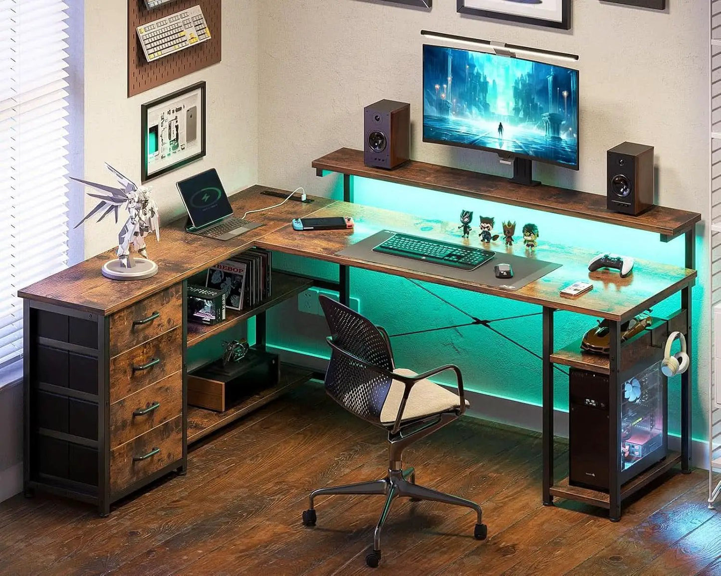 61 Inch L Shaped Desk With Power Outlets And LED Lights from PriceLows™