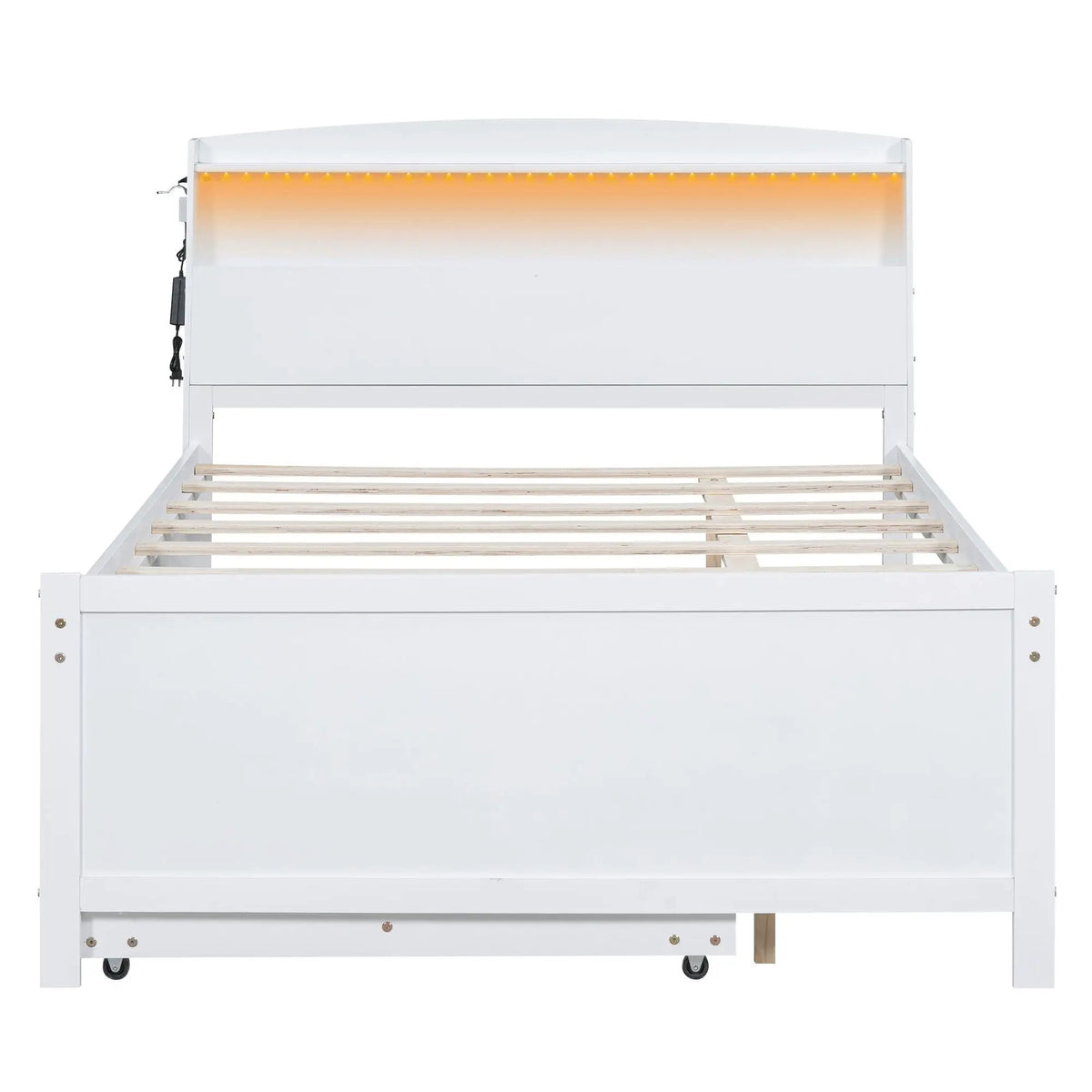 Full Size Platform Bed | LED Headboard Storage | Twin Trundle | 3 Drawers White