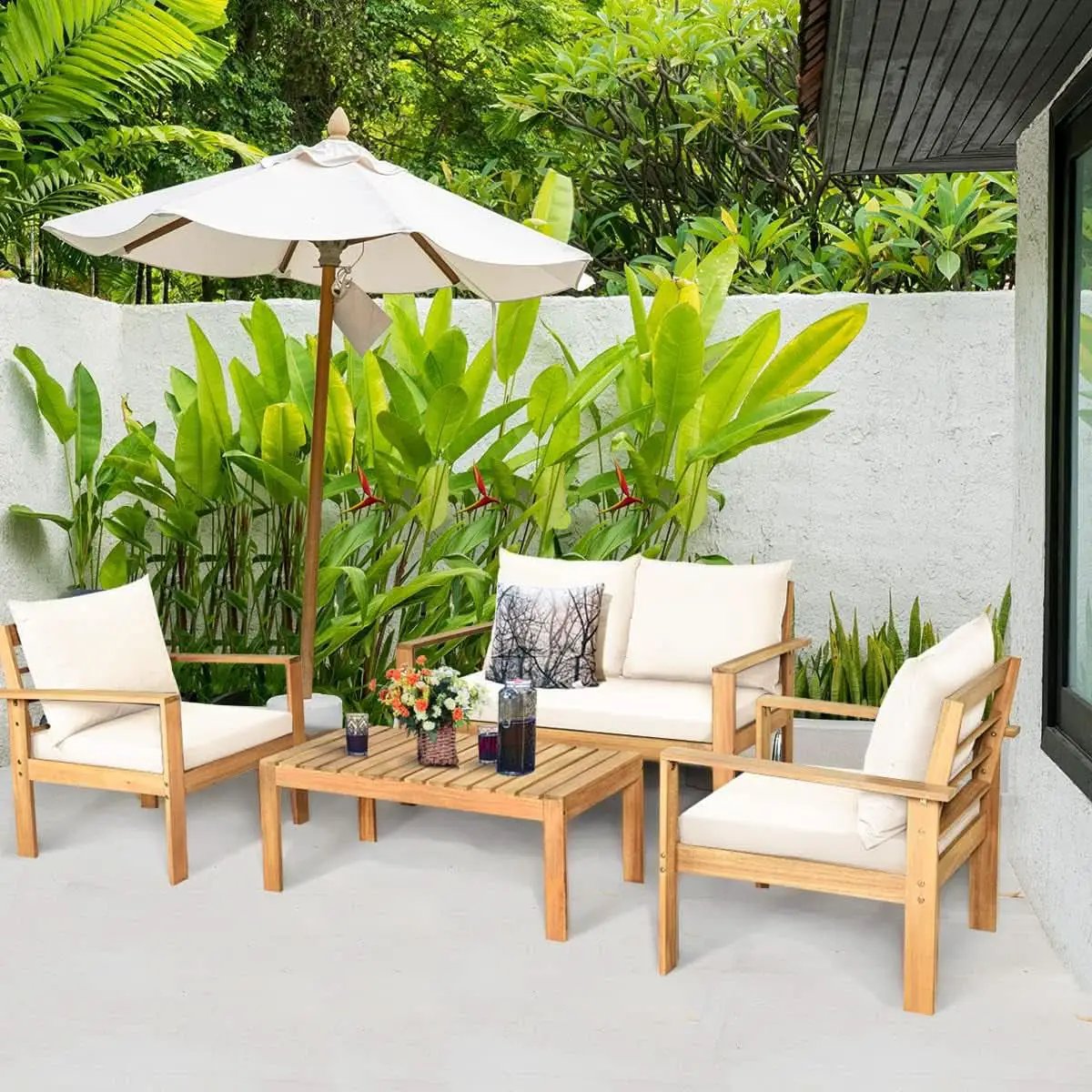 Outdoor Acacia Wood 4-Piece Chat Set Teak Finish Cushions from PriceLows™