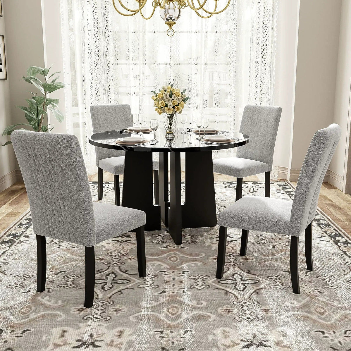 5 Piece Round Dining Table Set, Modern Table And 4 Upholstered Chairs For Dining Room | 5-Piece Set | Marble & Veneer | Dining Room