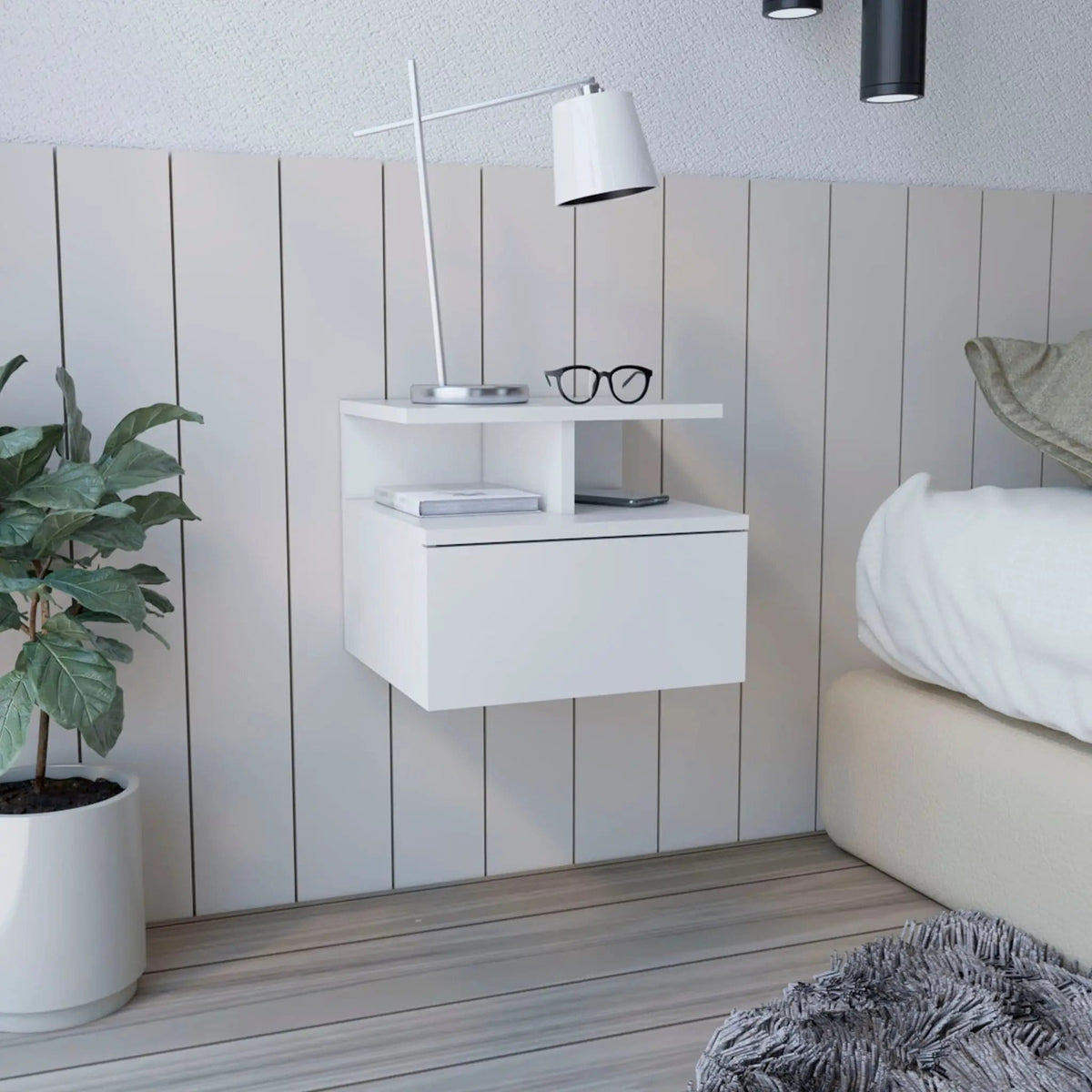 Flopini Floating Nightstand With 1 Drawer, Compact Size | 13.23 x 14.02 x 11.61 in | 1-Drawer | White