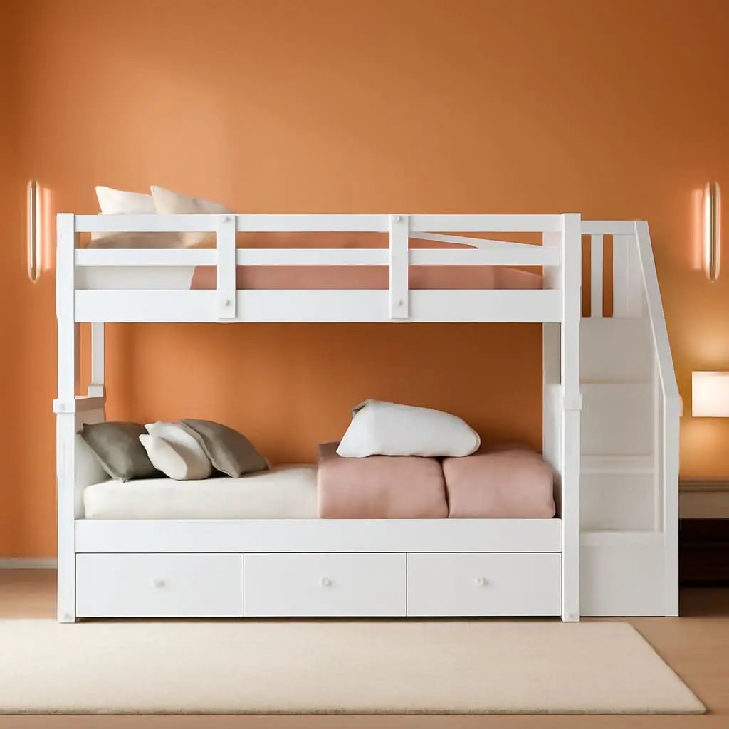 Twin Over Twin Bunk Bed With Stairs Guard Rail And Storage Drawers White from PriceLows™