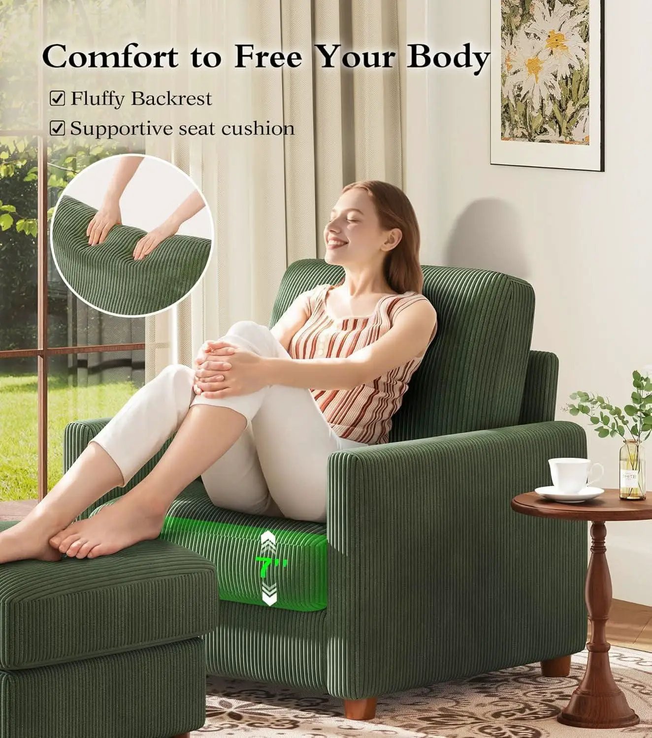 Green Corduroy Accent Chair With 22 Inch Deep Seat from PriceLows™