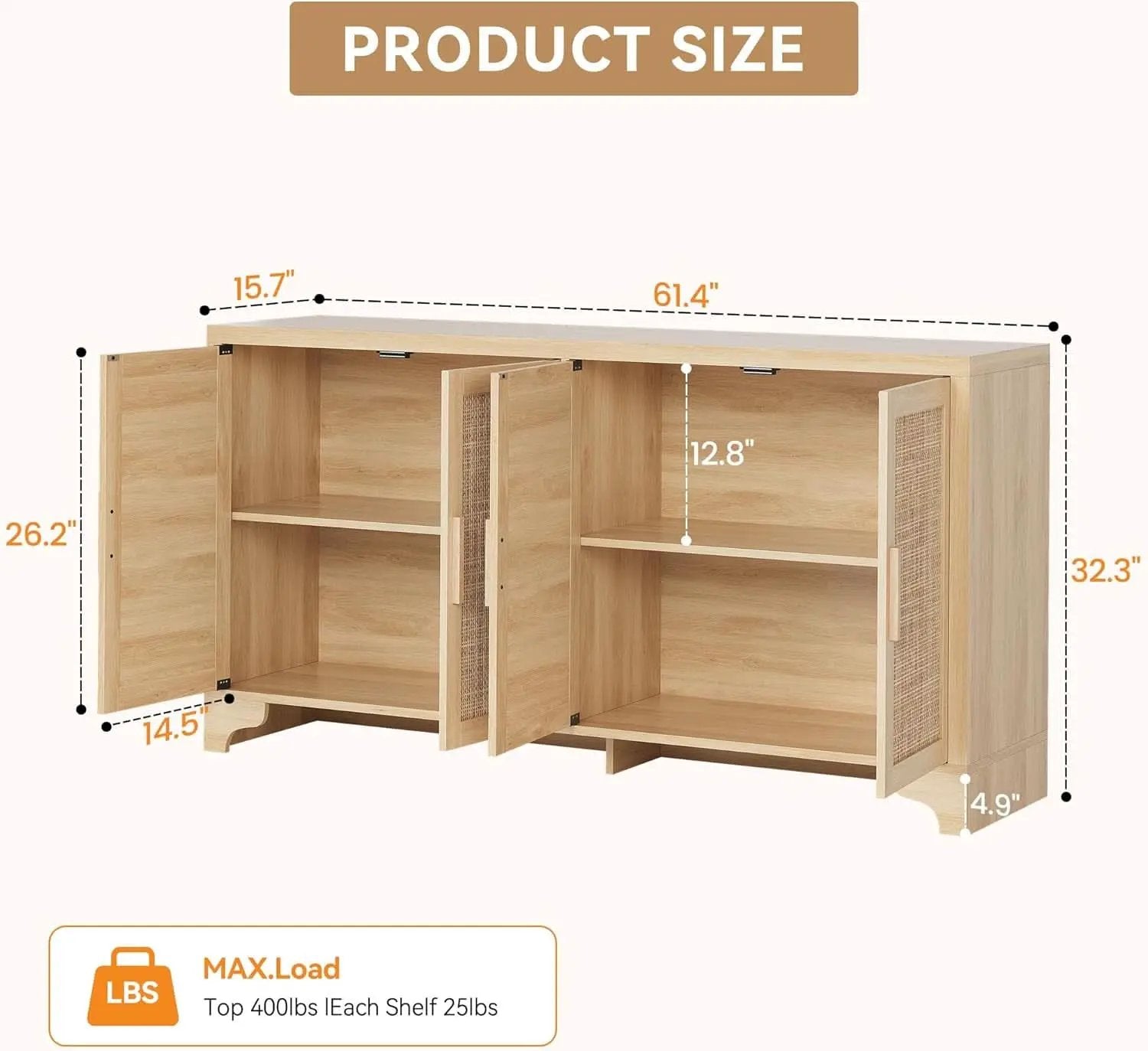 Natural Rattan Four Door Sideboard Cabinet Engineered Wood from PriceLows™