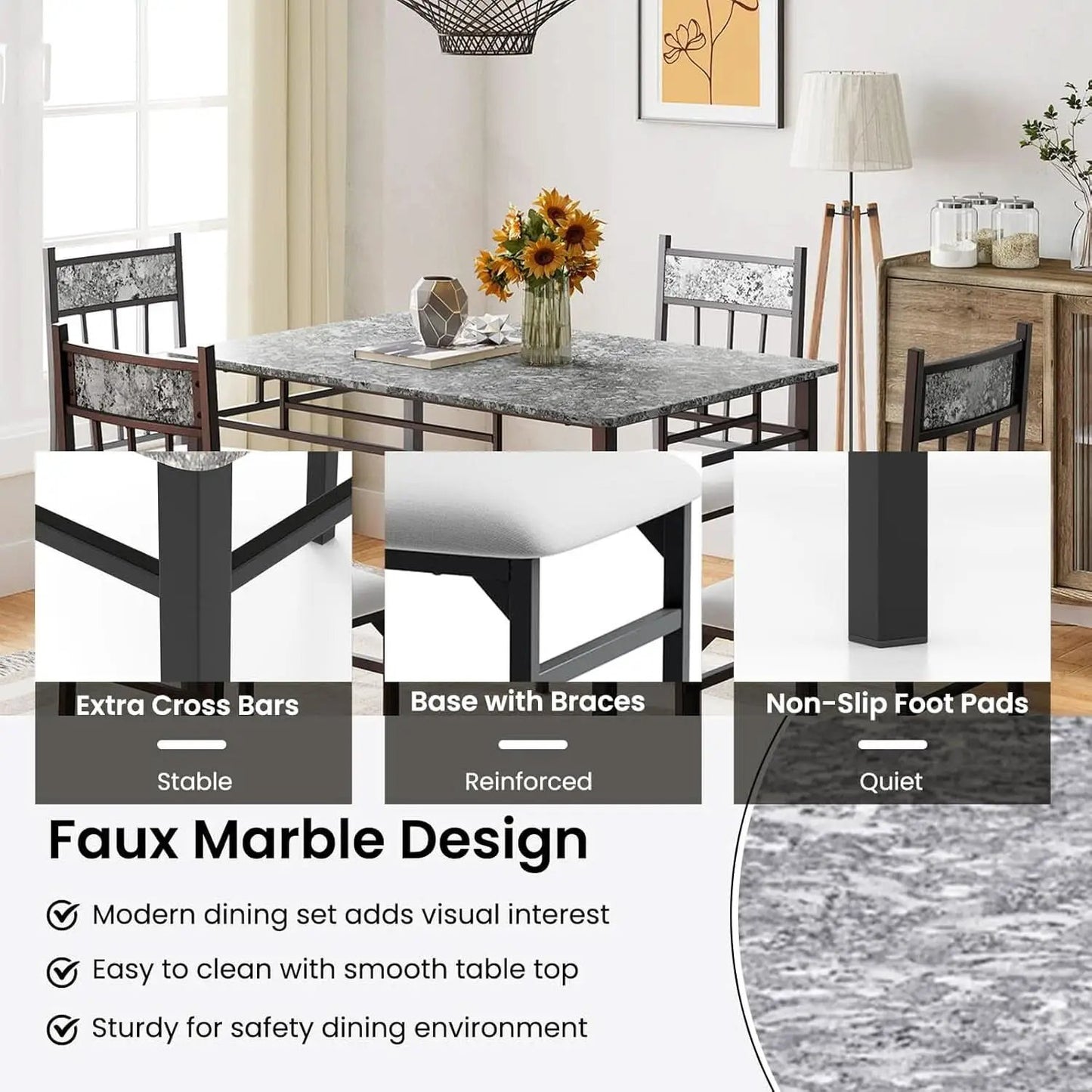 Grey Faux Marble Dining Table Set For 4 With Padded Chairs from PriceLows™