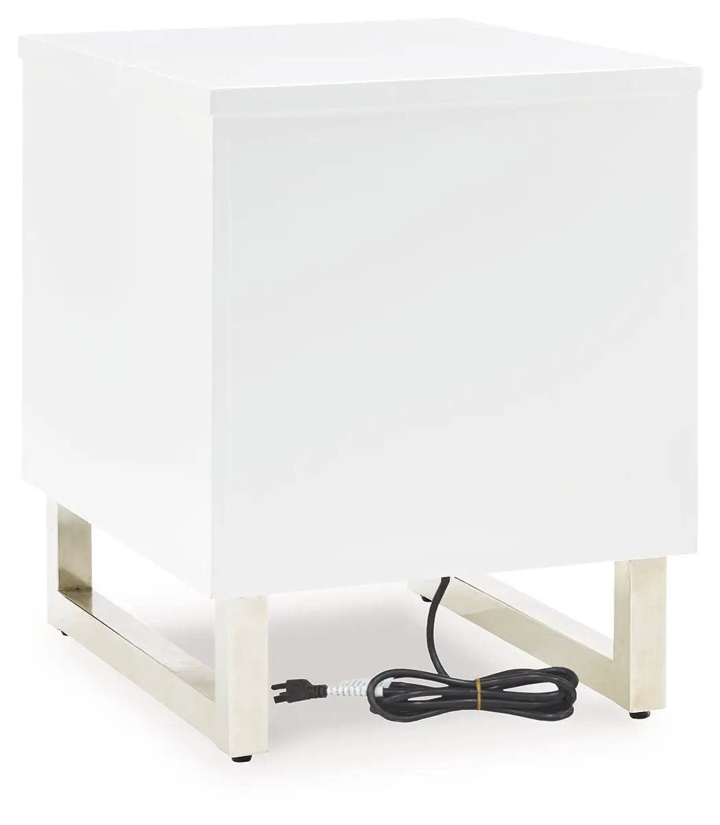 Chair Side End Table | USB Charging | Black Drawer | White Gloss Finish