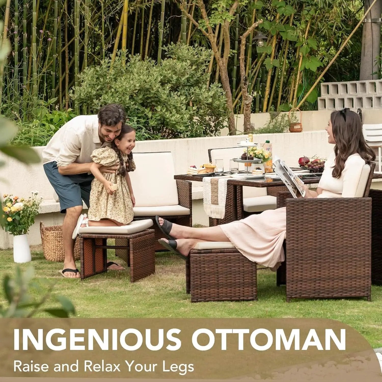 9 Piece Outdoor Patio Dining Set Rattan Chairs With Glass Table Beige Cushioned from PriceLows™
