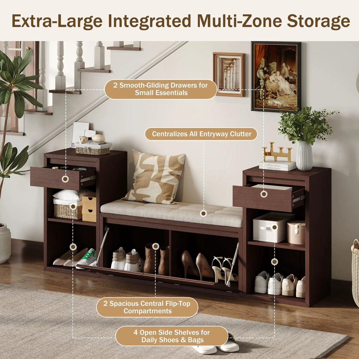 Entryway Storage Bench | Flip Top Compartment | Pine Wood Frame