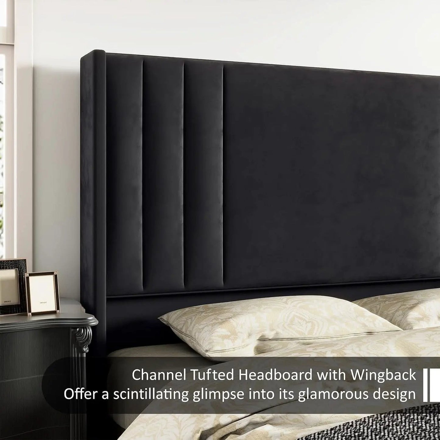 Velvet Queen Platform Bed Frame With Tufted Black Headboard from PriceLows™