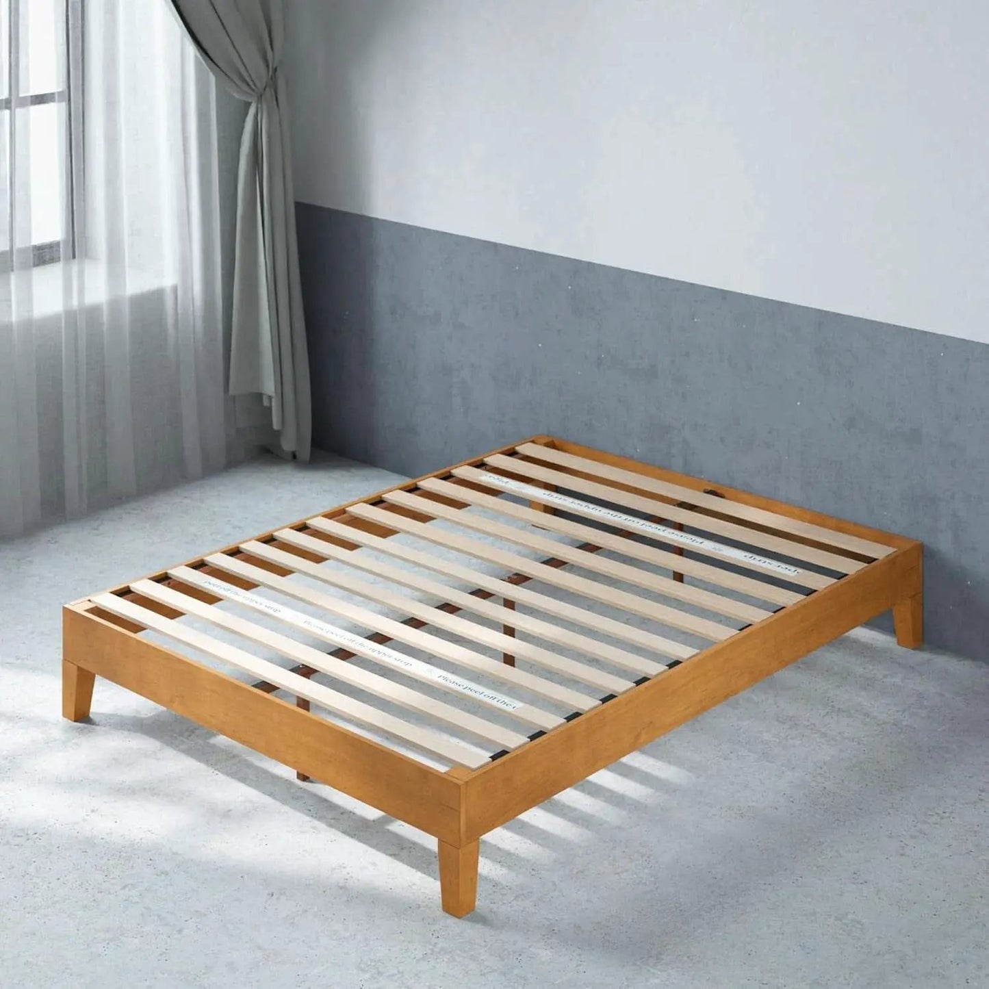 Queen Rustic Pine Solid Wood Platform Bed Frame With Slats