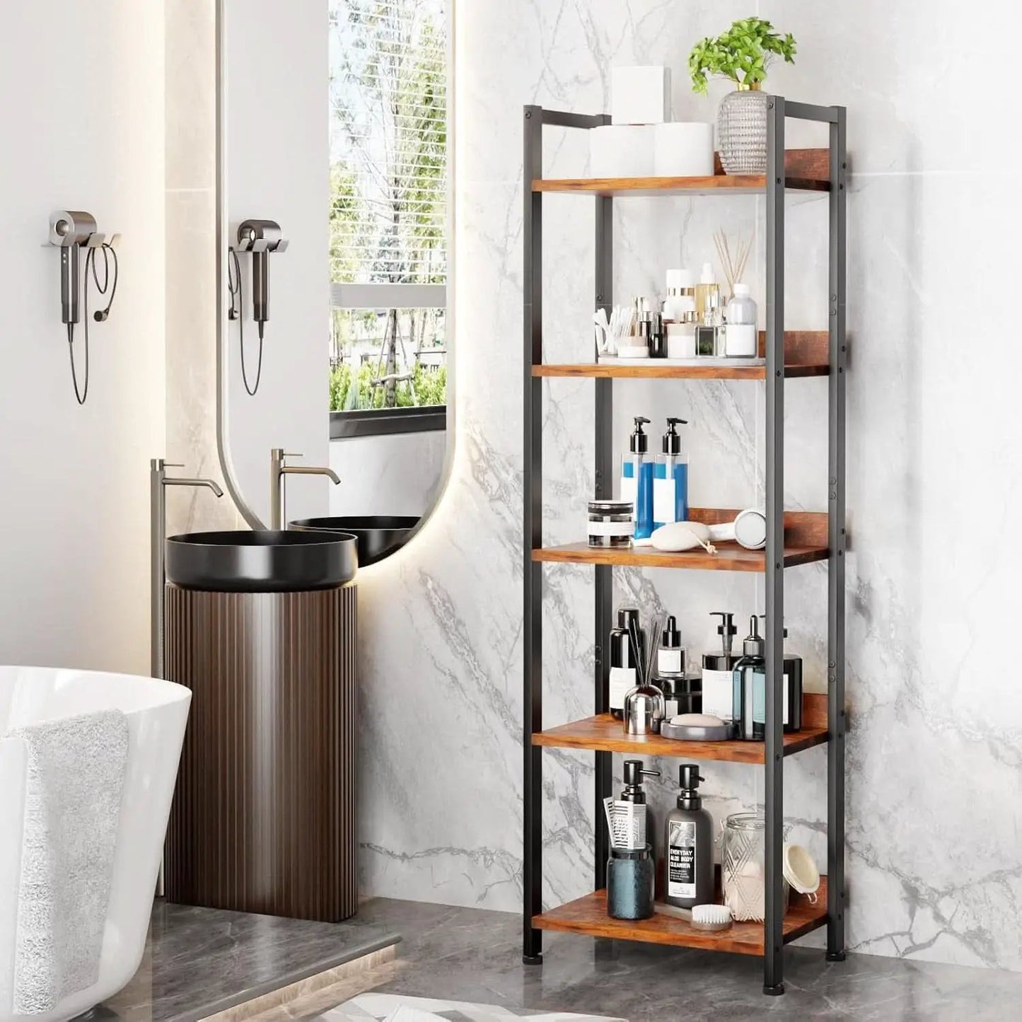 5 Tier Bookshelf With Drawer Tall Narrow Wood Bookcase from PriceLows™