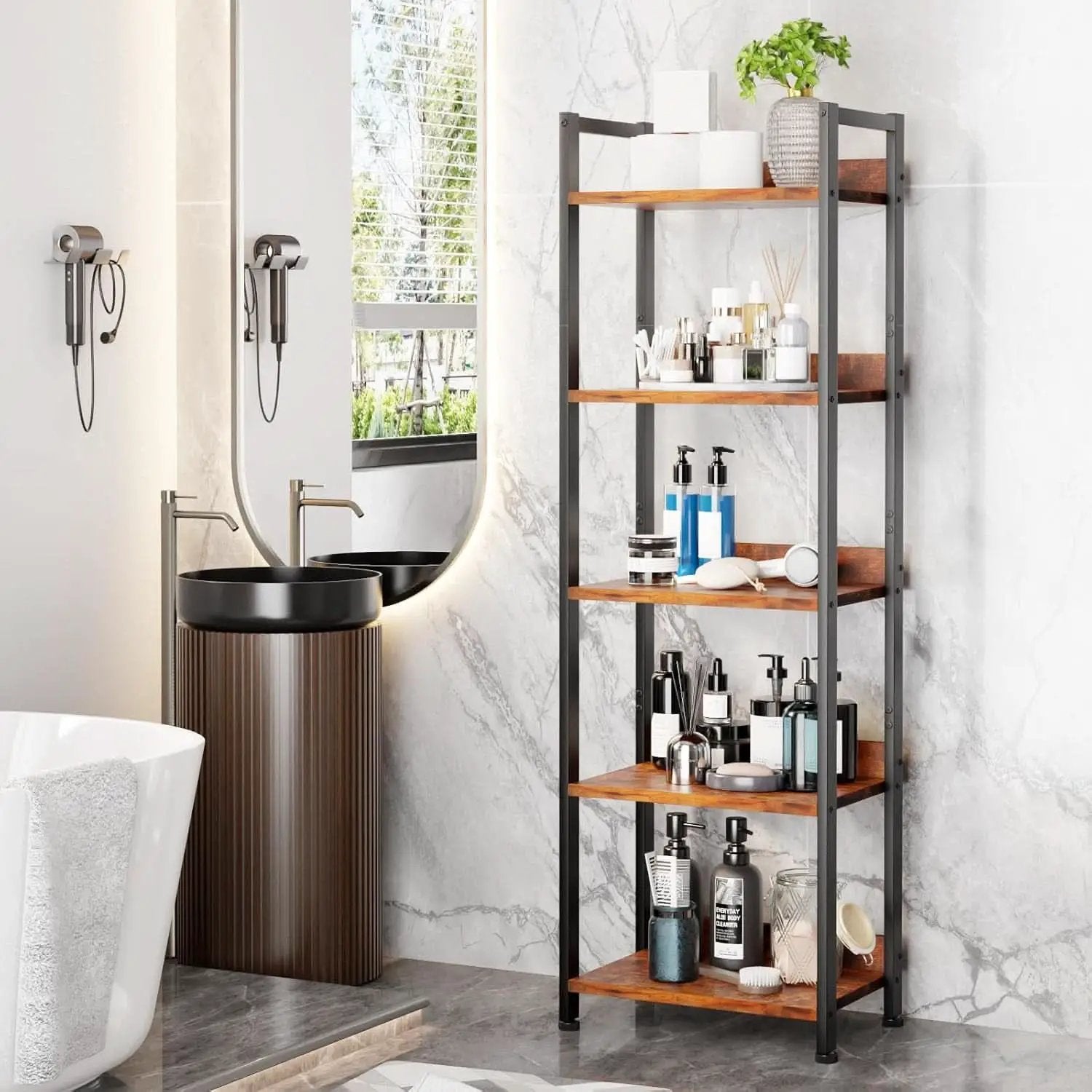 5 Tier Bookshelf With Drawer Tall Narrow Wood Bookcase from PriceLows™